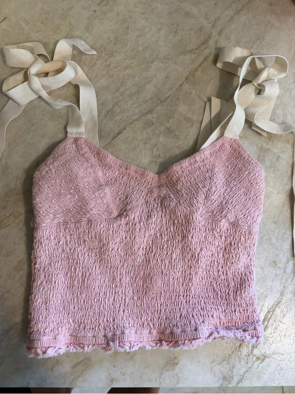Free people Pink Tie-Front Textured Crop Top - Image 2
