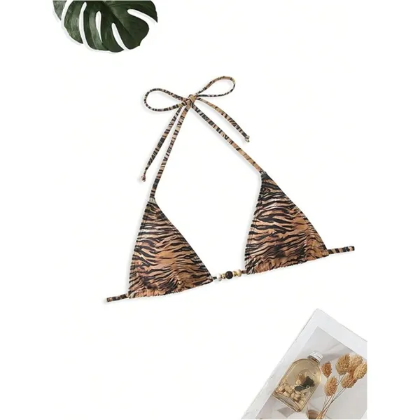 RoseSeek 2 Pieces Gold Zebra Striped Cheeky Bikini Halter Y2K Swimsuit MEDIUM - Image 4