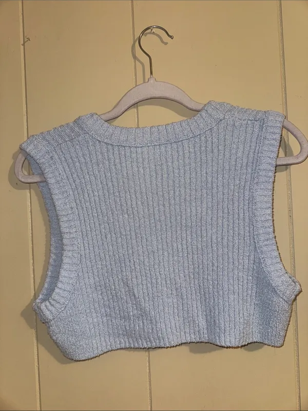 Free People Light Blue Ribbed Knit Button Cropped Vest - Image 3