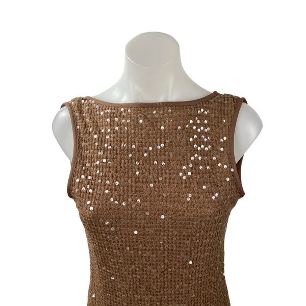NEW Missguided Brown Sequin Boat Neck Waffle Knit Open Back Mini Dress Size S - Image 2