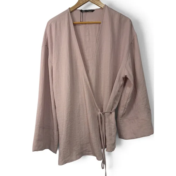 Zara Women Blush Pink Linen Blend Wrap Top Long Sleeve Kimono Style NWOT Medium - Image 2