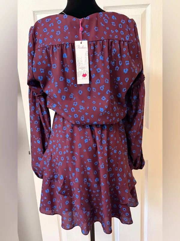 NWT Parker Surplice Ruffle Mini Dress Plum Blue Animal Print Small - Image 3