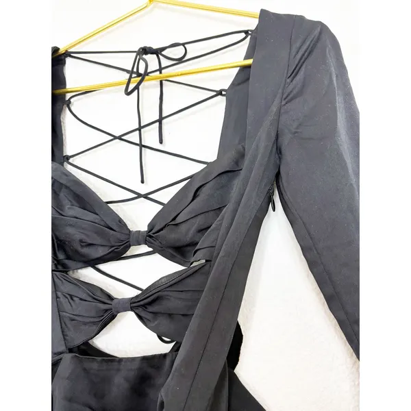Oh Polly Adria Long Sleeve Bow Mini Dress Size 2 Black Satin Ruffle Lace Up Back - Image 10