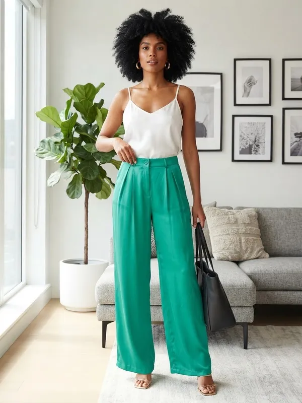 Green polyester women flare pants Size L - Image 3