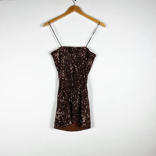 NBD Janya Chocolate Brown Allover Sequin Sparkle Embellished Mini Party Dress XS - Image 4