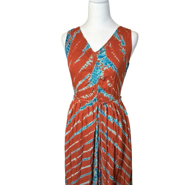 YFB Young Fabulous & Broke Sleeveless Rust‎ Orange & Blue Maxi Dress Med Tie Dye - Image 3