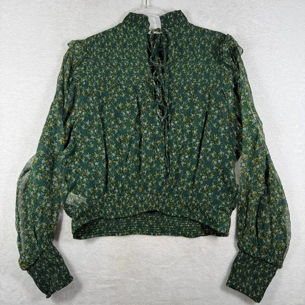 Free People Dark Green Floral Smocked Mock Neck Blouse OB1069086 M - Image 12