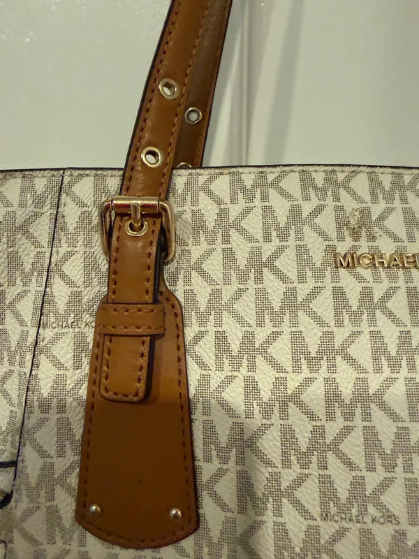 Michael Kors MK Signature Vanilla Logo Tote Bag Brown Trim - Image 3