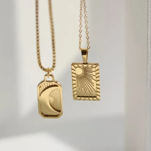 Boutique 18k Gold Sunburst Square Pendant Boho Necklace - Image 3