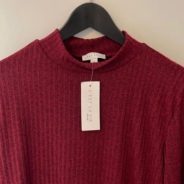 C'Est La Vie Womens Mock Neck Sweater Ribbed Long Sleeve Button Cuff Maroon XL‎ - Image 2