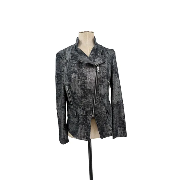 Clara Sunwoo Metallic Liquid Leather Textured Biker Jacket Gunmetal Small - Image 3