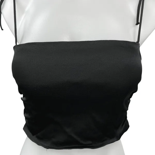 Zara Black Silk Satin Tie Spaghetti Strap Smocked Crop Cami Camisole Tank Top M - Image 3