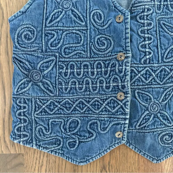 Anthropologie Vintage Embroidered Geometric Denim Western Sleeveless Vest Blue L - Image 7