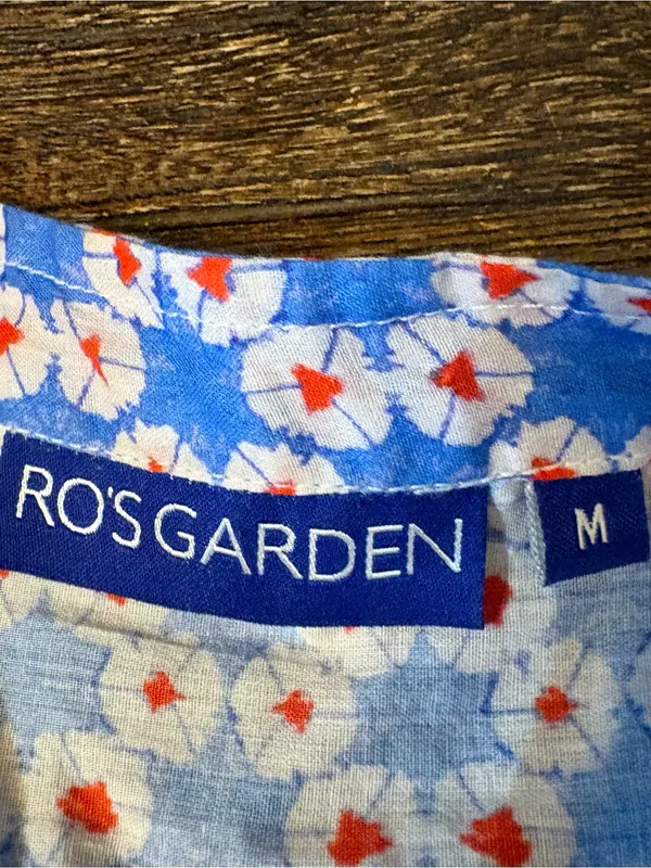 Ro's Garden Women's M Blue Red Floral Cotton Pintuck Puff Sleeve Blouse - Image 5