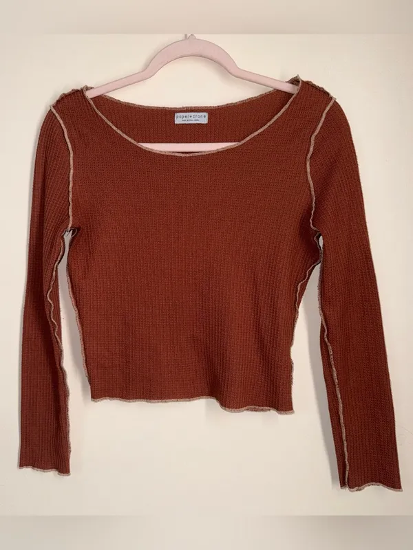 Paper Crane Clay/Burnt Orange Waffle Knit Long Sleeve Shirt Size Small - Image 9