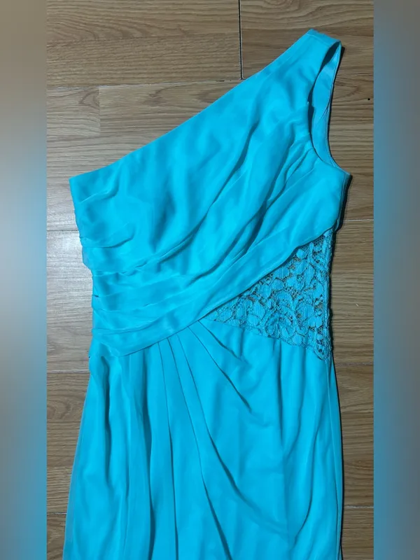 David’s bridal Malibu blue one-shoulder floor length, lace inset @one waistline. - Image 3