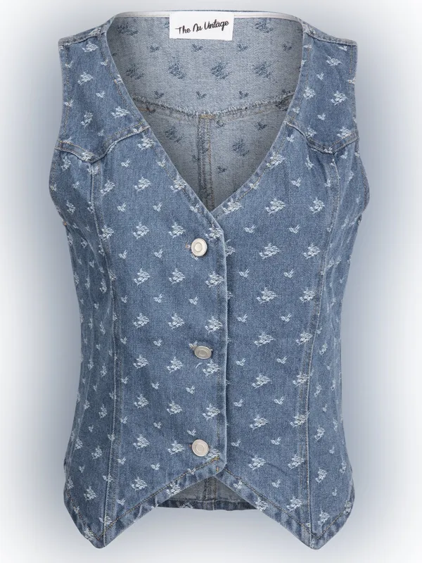 The Nu Vintage Denim Embroidered Vest - Light Blue M - Image 2