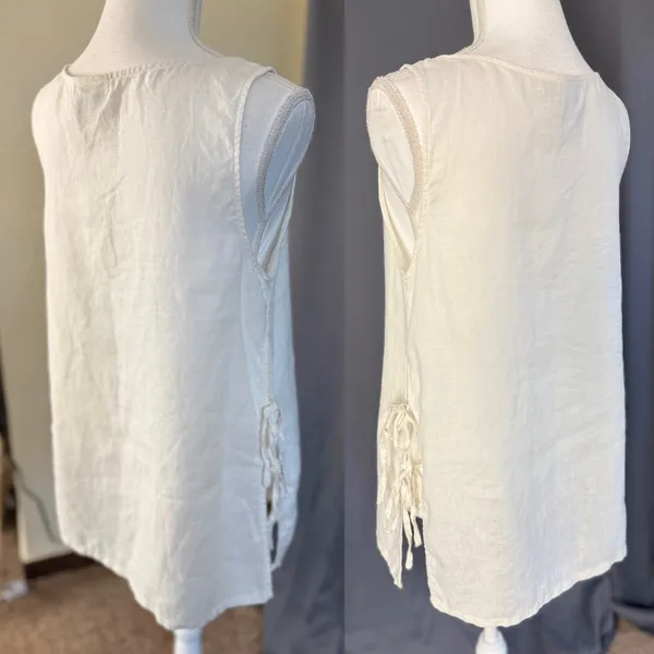 Rachel Zoe 100% Linen Tunic Top M Cream Lagenlook Coastal Side Tie Tank - Image 3