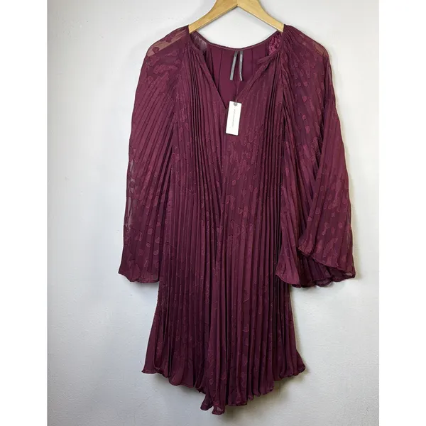 Anthropologie Toulon Pleated Bell Sleeve Mini Dress x Small Burgundy Boho xs NWT - Image 3