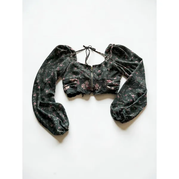 Altar'd‎ State Floral Crop Top Green Pink Rose Balloon Sleeve Lace Up Blouse S - Image 2
