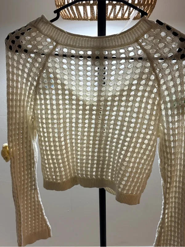 wild fable Cream Open-Knit V-Neck Sweater with Multi-Color Floral Appliqués - Image 5