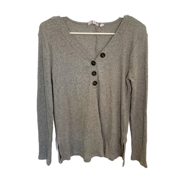 Cable & Gauge‎ Women's Size Small V-Neck Pullover Sweater Gray Ribbed Buttons - Image 2