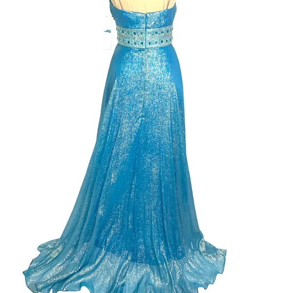 Dazzling Metallic Blue Silk Gown Flowy Prom 0 Hoco Glam Pageant Jeweled Hi-Low - Image 6