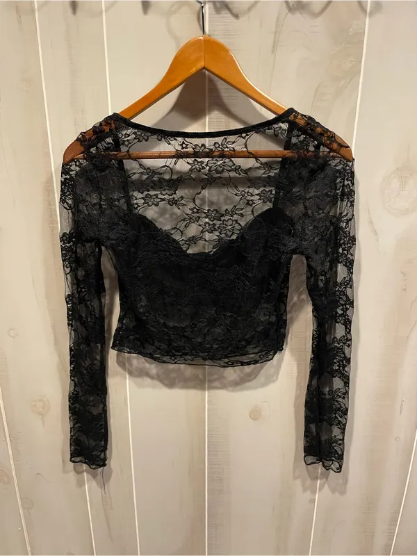 Source Unknown Cute black lace crop long sleeve sweetheart neck distressed top goth costume - Image 2