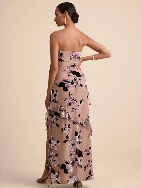 Lulus Chelisa Beige Floral Ruffled Strapless Bustier Maxi Dress - Size S - Image 3
