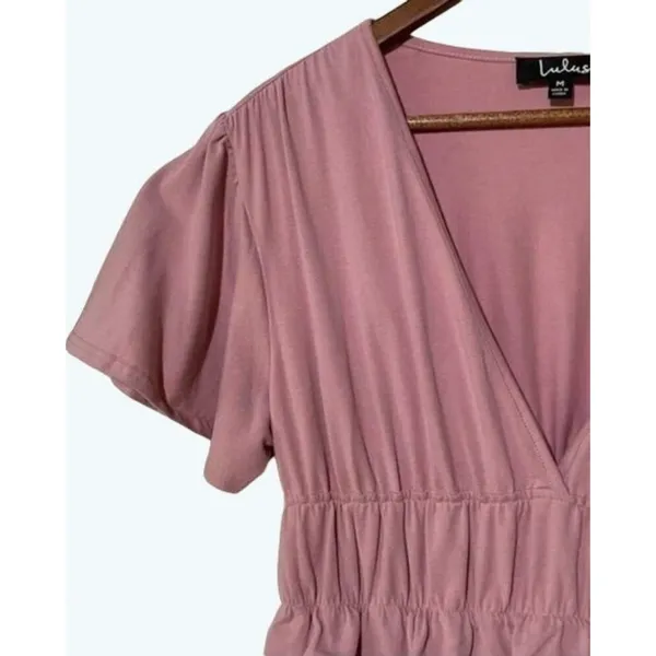 Lulus 100% Cotton Midi Dress Women's M Mauve Flutter Sleeve Smocked Waist V Neck - Image 4