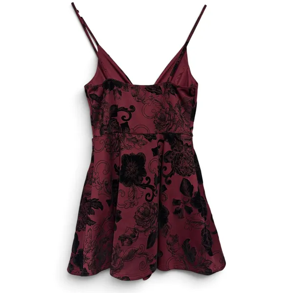 Forever 21 Burgundy Burnout velvet Flocked Floral V-Neck Draped Skort Romper M - Image 2