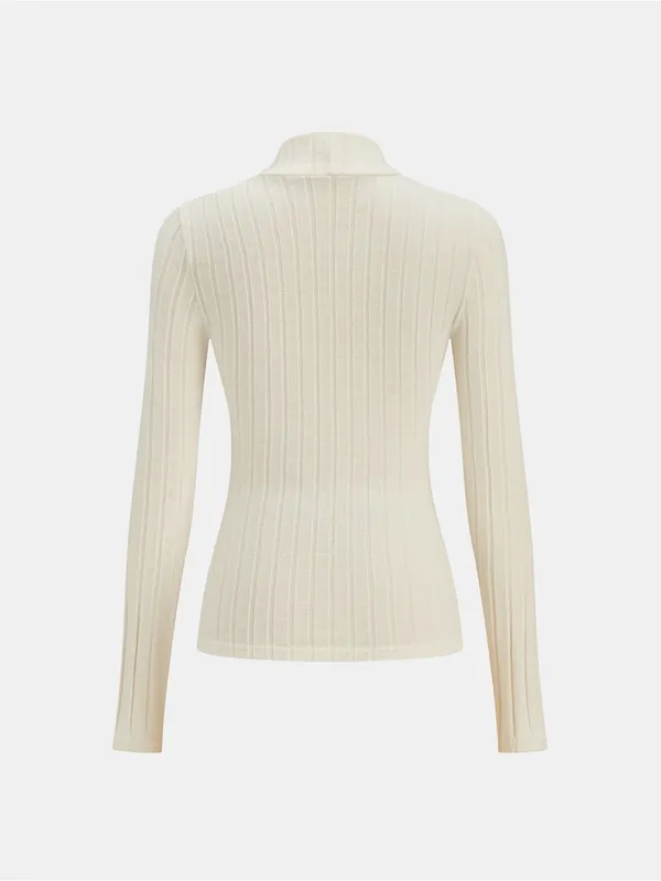 Commense Mock Neck Ribbed Knit Top Apricot Cream XL Stretch Long Sleeve NWT - Image 3