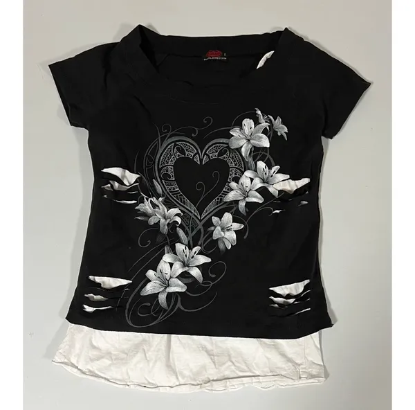 Spiral Black White Hibiscus Flower Floral Y2K Layered Shirt Top Blouse Tee Size S 🤍🖤 - Image 2