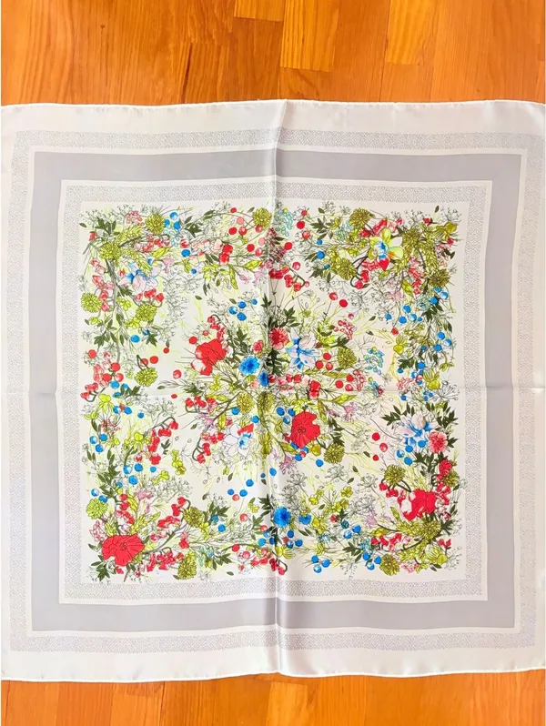 Elegant Floral Square Scarf in Satin Polyester, 68cm x 68cm, Vibrant Red, Blue - Image 3