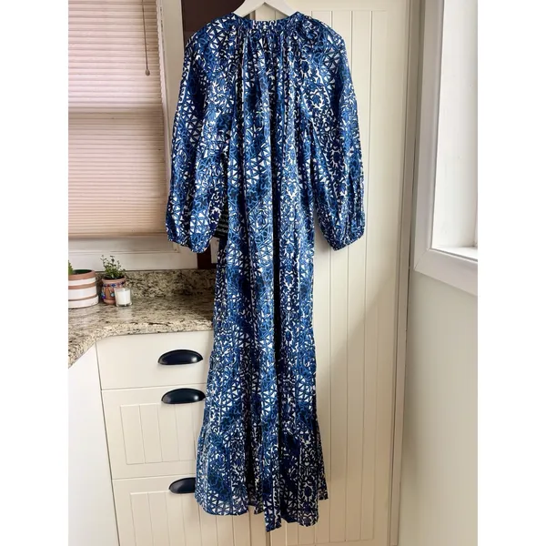 Tuckernuck NWT Womens XS Blue White Floral Cotton Tiered Maxi Dress Pockets - Image 4