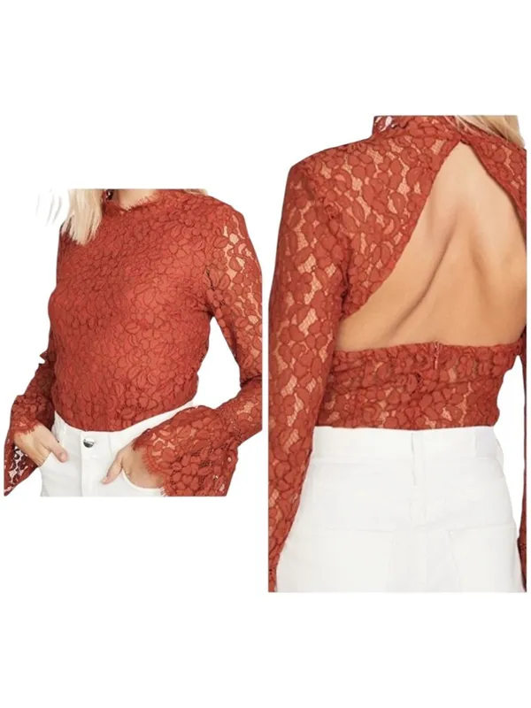 Endless Rose Bodysuit Women Small Orange Lace Cutout‎ Back Long Bel Sleeve NWT - Image 2