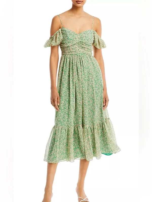 Bardot Fauna Midi Dress in Green Floral Cold Shoulder size Small US 4 $149 - Image 6