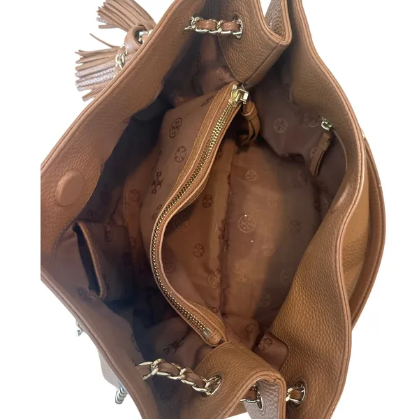 Tory Burch Pebbled Leather Chain Tote‎ Brown Camel Slouchy Bag - Image 13