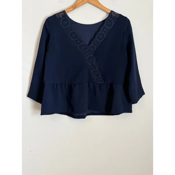 Sezane Louisie Blouse Size 36 US 4 Navy Lace Trim‎ - Image 7