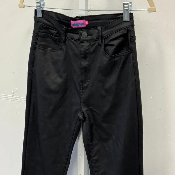 Edikted Coated High Rise Flare Jeans Waxed Denim Pants Size Medium Black Stretch - Image 3