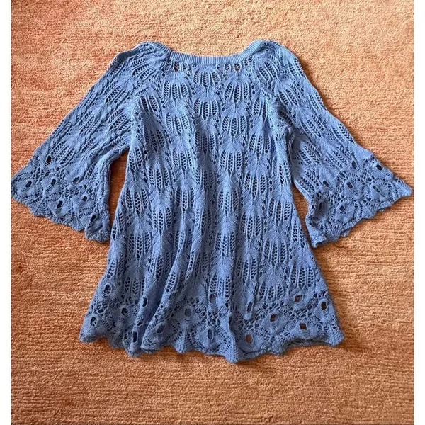 Nouveaux Blue Open Knit Lace Sweater Size L Bell Sleeve Cotton Boho - Image 7