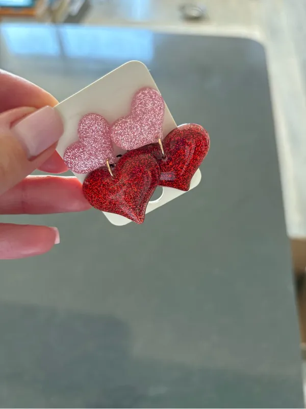 Pink and Red Heart Drop Earrings - Image 2