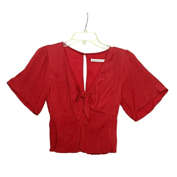 Abercrombie & Fitch Blouse Womens XS Red Polka Dot V-Neck Tie Front Cropped Top - Image 2