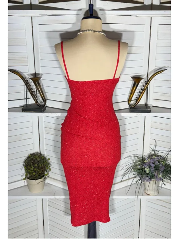 Shiny sparkle red dress ruched midi bodycon padded bra cocktail homecoming NWOT - Image 2