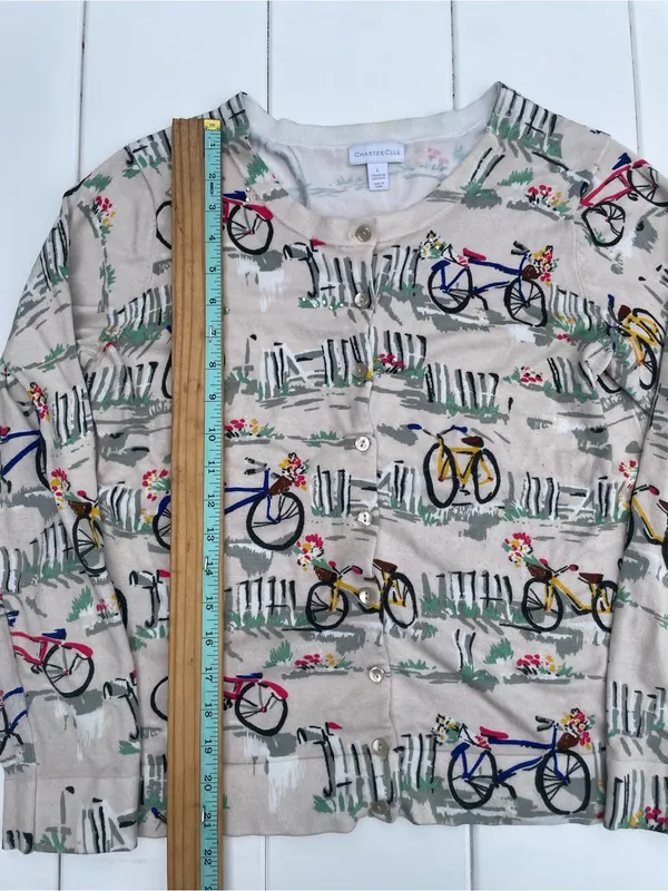 Charter Club Retro Bicycle and Garden Button Up Cardigan, Size L - Image 4