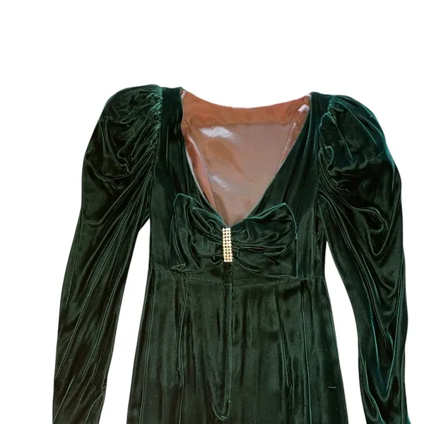 Vintage Forest Green Velvet Rhinestone Backless Bow dress Gown 40s black Tie - Image 4
