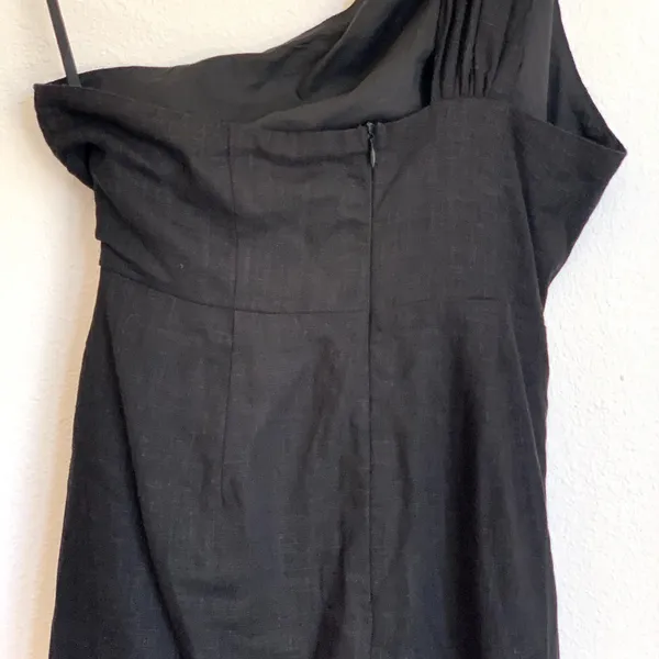 Here Comes the Sun One Shoulder Linen Blend Mini Dress in Black - Image 5
