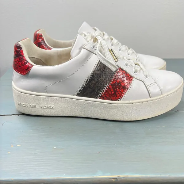 Michael Kors Poppy White Red Snakeskin Logo Platform Sneakers AN20L Womens 7.5M - Image 4