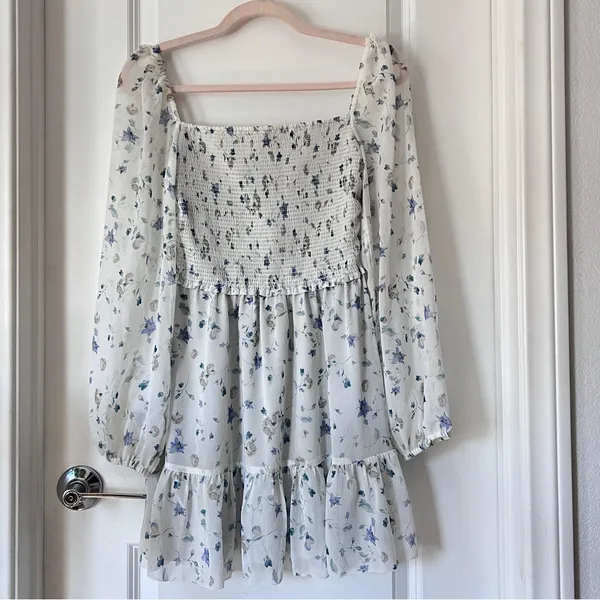 Aritzia Wilfred Tempest‎ Baby Blue Floral Smocked Long Sleeve Mini Dress Small - Image 2