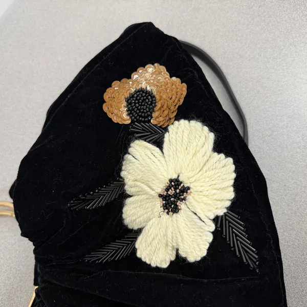 Anthropologie Handbag Womens OS Black Floral Embroider Sequin Velvet Ring Handle - Image 3